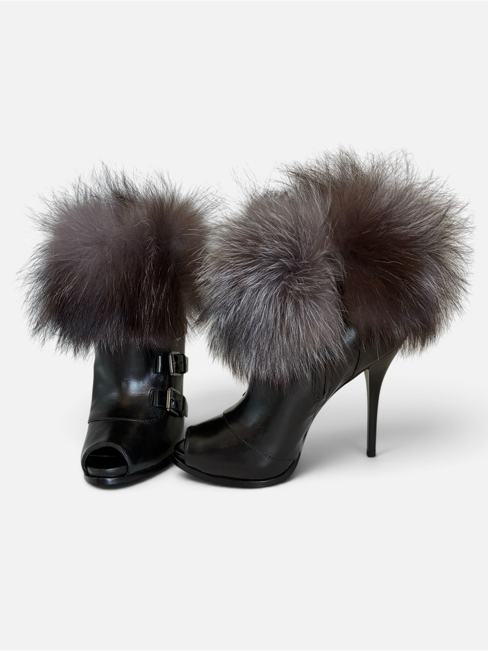 Stella Luna Women Black Leather Fur Trim Peep Toe Stiletto Ankle Boots